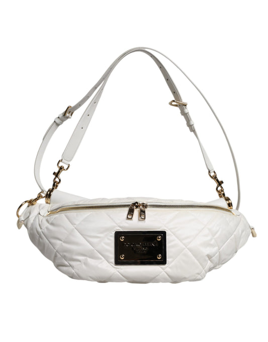 Quilted Fanny Pack Belt Bag by Dolce & Gabbana for women in calf leather & nylon gold & white features an globetrotter chic Calf Leather Nylon Quilted Fanny Pack Belt Bag design with a secure zipper, ample , and versatile handle, adjustable-strap, detachable-strap & belt-strap for a globetrotter chic look.