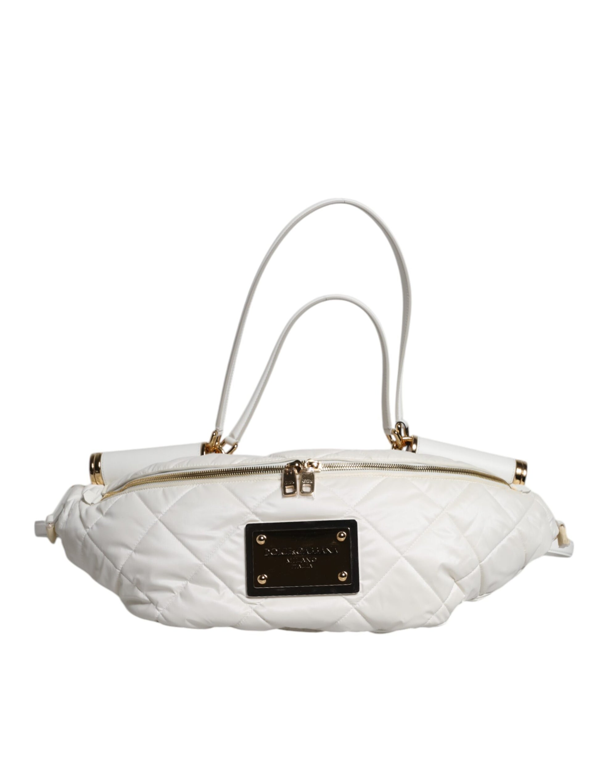 Quilted Fanny Pack Belt Bag by Dolce & Gabbana for women in calf leather & nylon gold & white features an jet-set ready Calf Leather Nylon Quilted Fanny Pack Belt Bag design with a secure zipper, jet-set ready , and versatile handle, adjustable-strap, detachable-strap & belt-strap for a sophisticated look.