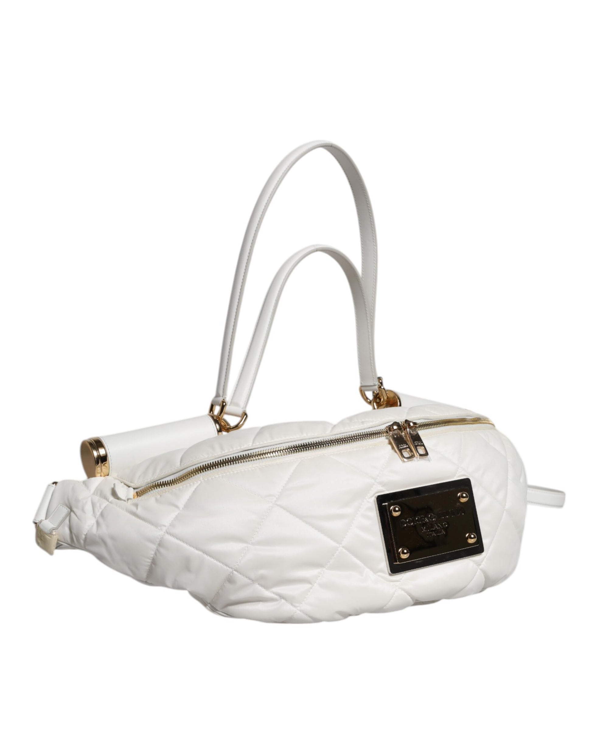 Quilted Fanny Pack Belt Bag by Dolce & Gabbana for women in calf leather & nylon gold & white features an globetrotter chic Calf Leather Nylon Quilted Fanny Pack Belt Bag design with a secure zipper, ample , and versatile handle, adjustable-strap, detachable-strap & belt-strap for a globetrotter chic look.