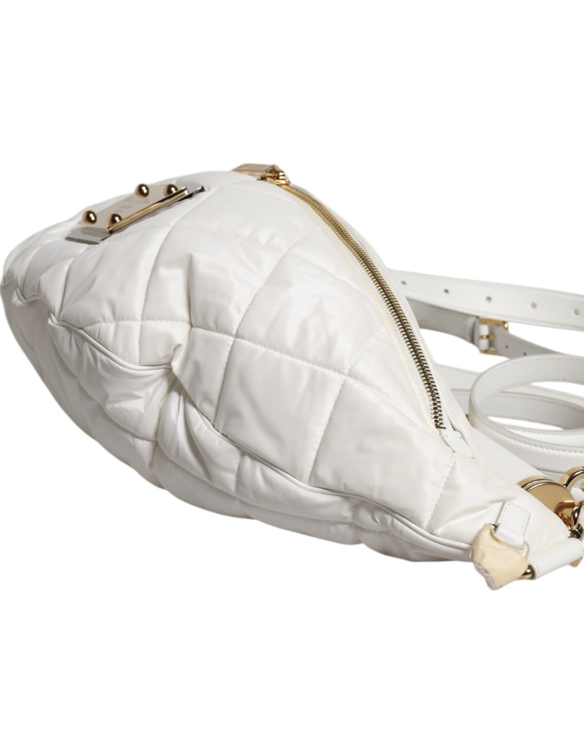 Quilted Fanny Pack Belt Bag by Dolce & Gabbana for women in calf leather & nylon gold & white features a jet-setting Calf Leather Nylon Quilted Fanny Pack Belt Bag design with a secure zipper, jet-setting , and versatile handle, adjustable-strap, detachable-strap & belt-strap for a jet-setting look.