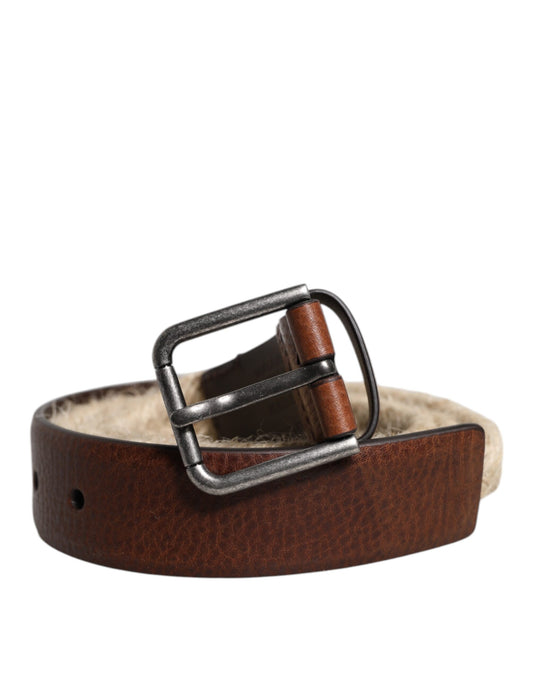 Dolce & Gabbana Calf Leather Jute & Metal Belt - Beige Brown Silver