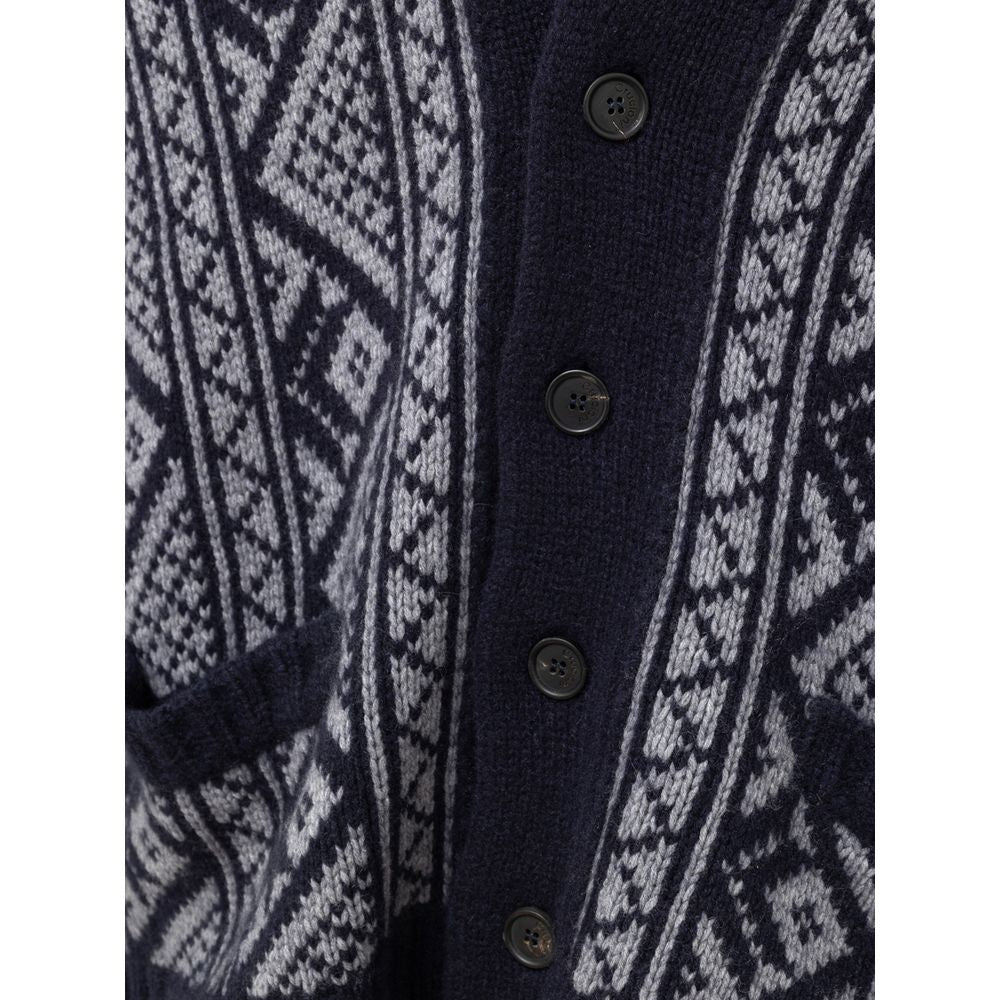 Cardigan by Cruciani for men in cashmere bicolour, blue & gray presents a textural silhouette, artfully finished with a textural shawl-collar neckline and for a sophisticated, textural look.