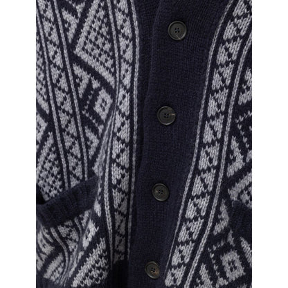 Cardigan by Cruciani for men in cashmere bicolour, blue & gray presents a textural silhouette, artfully finished with a textural shawl-collar neckline and for a sophisticated, textural look.
