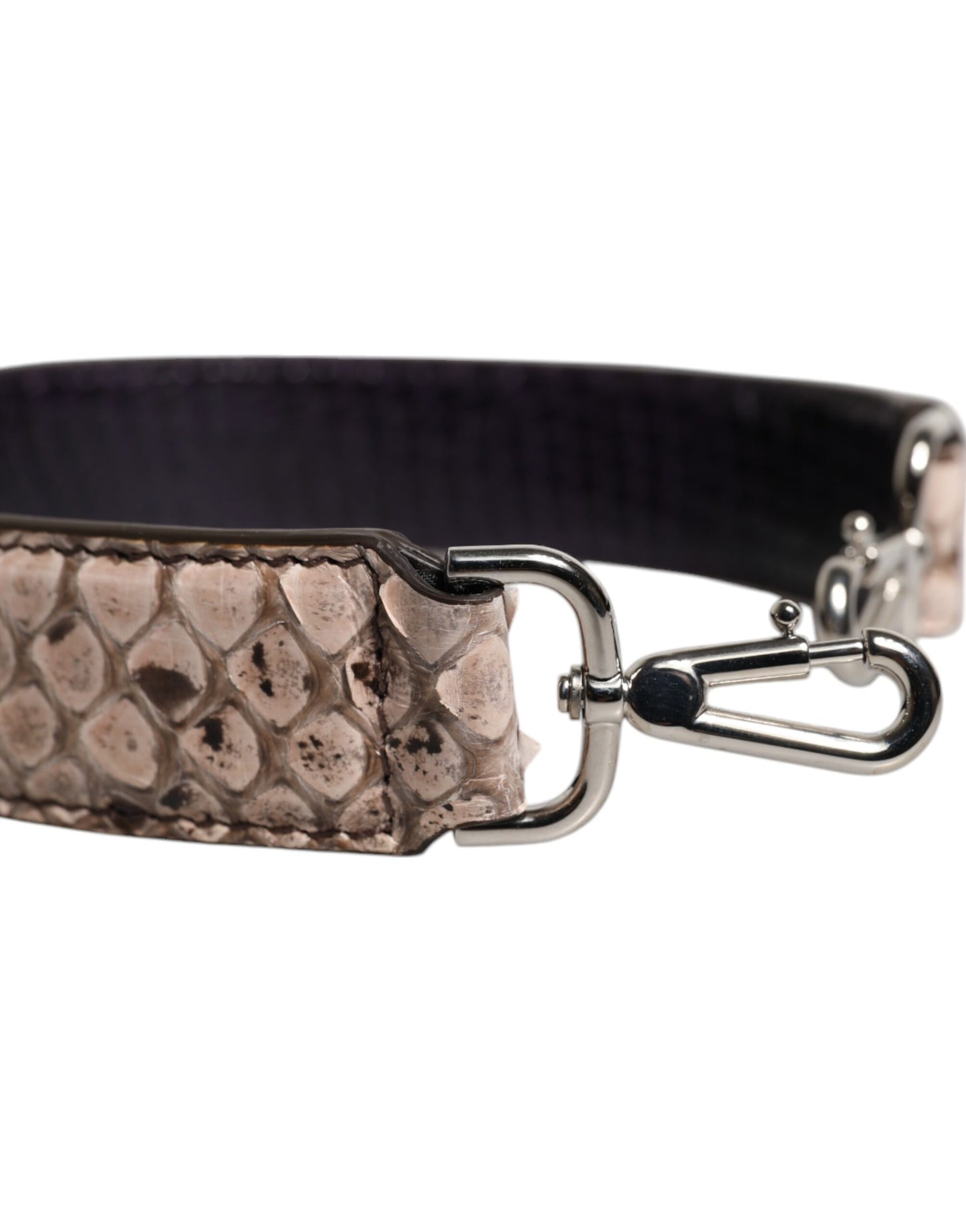 Shoulder Strap by Dolce & Gabbana for women in python leather black, cream & silver features a chic design, presenting a refined view of the Python Leather Shoulder Strap with a chic finish.