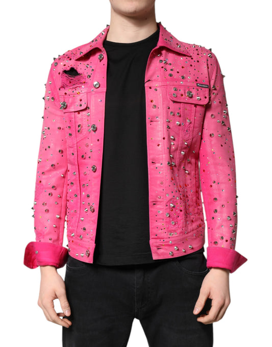 This Jacket by Dolce & Gabbana for men in stretch denim cotton & crystal pink showcases a magnificent silhouette, meticulously crafted with a distinctive and functional pockets for a magnificent finish.
