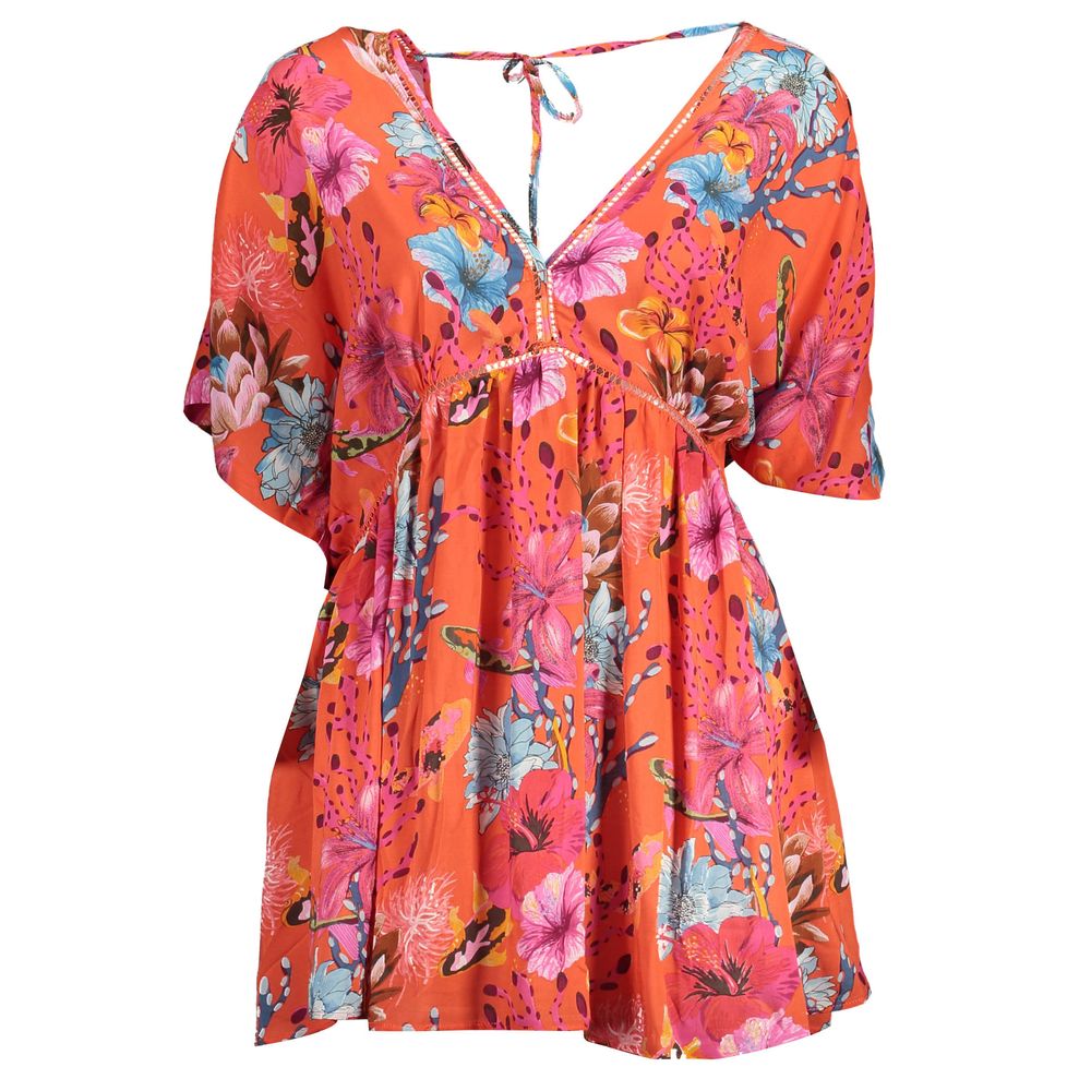 Dress by Desigual for women in viscose polyester cotton red & patterned features an sultry silhouette defined by a and short-sleeve, falling to an sultry short for a sultry look.