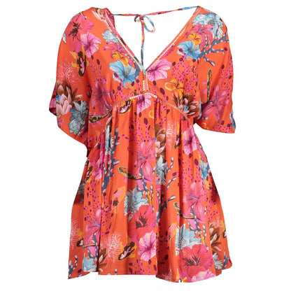 Dress by Desigual for women in viscose polyester cotton red & patterned features an sultry silhouette defined by a and short-sleeve, falling to an sultry short for a sultry look.