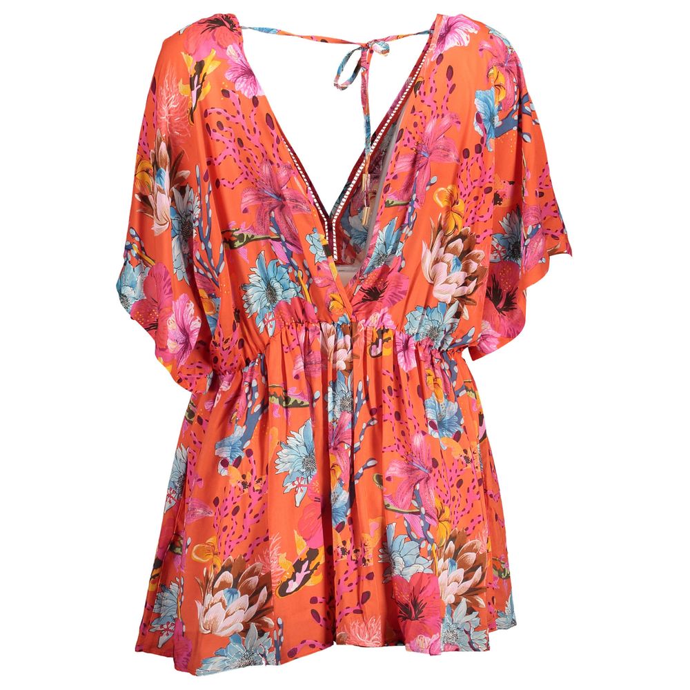 Dress by Desigual for women in viscose polyester cotton red & patterned features a dramatic silhouette, showcasing an elegant and that flows into a dramatic short.