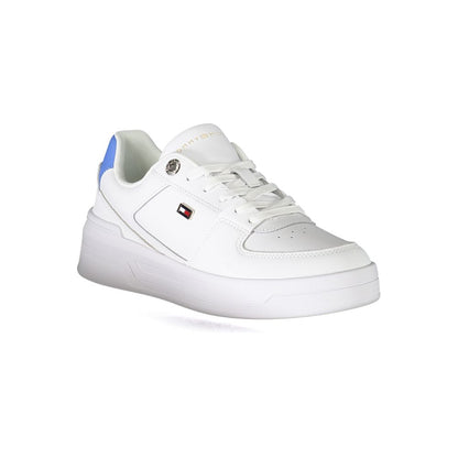 Athletic Sneakers by Tommy Hilfiger for women in polyester white & print showcases a architectural silhouette, artfully capturing the essence of the Women's Athletic Polyester Sneakers with its signature architectural athletic style construction.