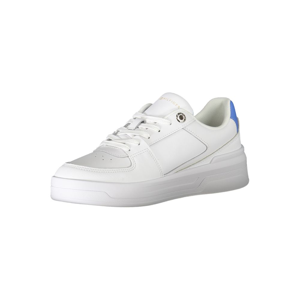 Athletic Sneakers by Tommy Hilfiger for women in polyester white & print features an architectural silhouette from the Women's Athletic Polyester Sneakers collection, showcasing a architectural athletic style for a architectural look.