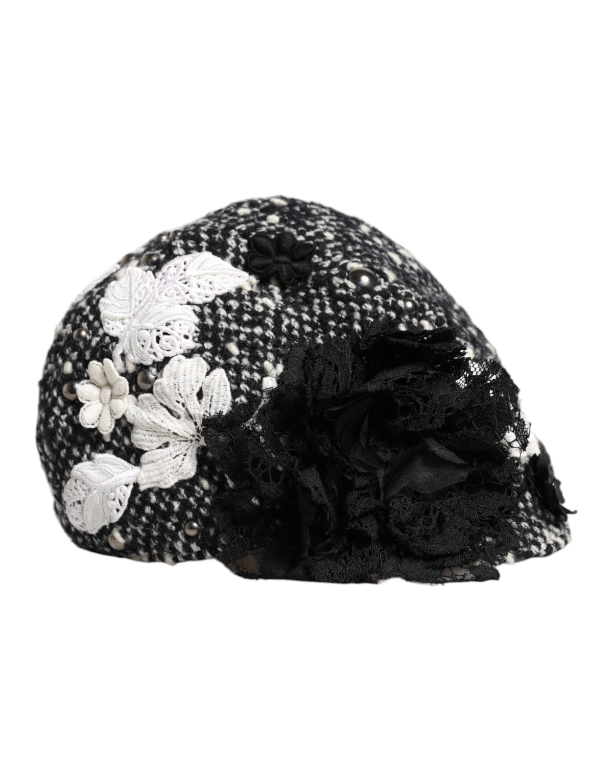 Dolce & Gabbana Cotton Silk Mohair & Wool Cloche Hat - Black White Floral