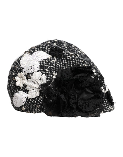 Dolce & Gabbana Cotton Silk Mohair & Wool Cloche Hat - Black White Floral