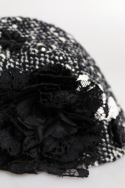 Dolce & Gabbana Cotton Silk Mohair & Wool Cloche Hat - Black White Floral