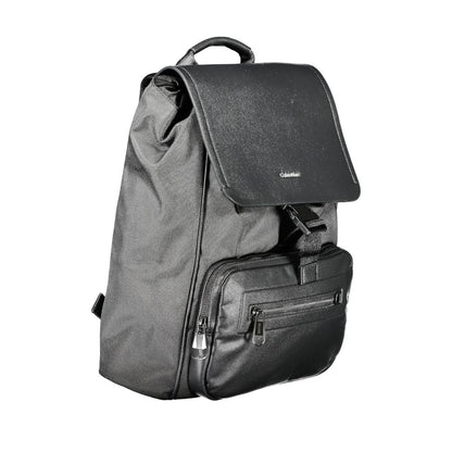 Drawstring Backpack by Calvin Klein for men in polyester black showcases an architectural Polyester Drawstring Backpack design, featuring a secure snap, zipper & drawstring, ample external-pockets, internal-pockets & laptop-compartment, and architectural backpack-strap, adjustable-strap & handle for a sophisticated look.
