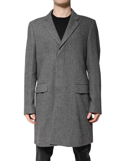 This Dolce & Gabbana men polyester viscose wool Trench Coat in gray presents a high style silhouette, meticulously detailed with and a high style single-breasted lapel peak-lapel neckline for a sophisticated, timeless look.