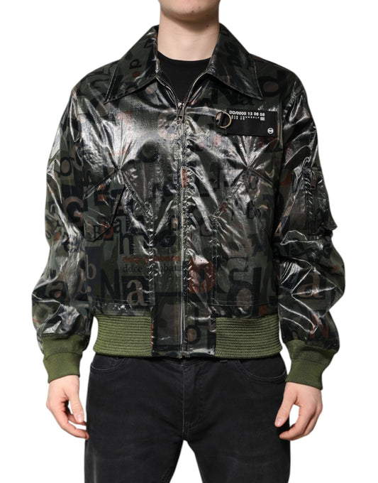 This Bomber Jacket by Dolce & Gabbana for men in nylon green & print exhibits a edgy silhouette, meticulously detailed with functional and a edgy for a edgy finish.