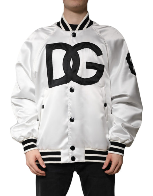 Bomber Jacket by Dolce & Gabbana for men in polyester white showcases a bohemian silhouette, artfully detailed with a bohemian and signature for a truly bohemian finish.