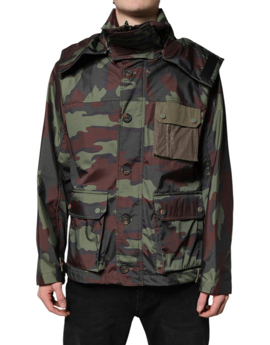 Hooded Windbreaker Jacket by Dolce & Gabbana for men in cotton polyester multicolor & camouflage features an perennial silhouette with a refined hooded neckline and perennial hooded & windproof for a sophisticated weather-resistant look.