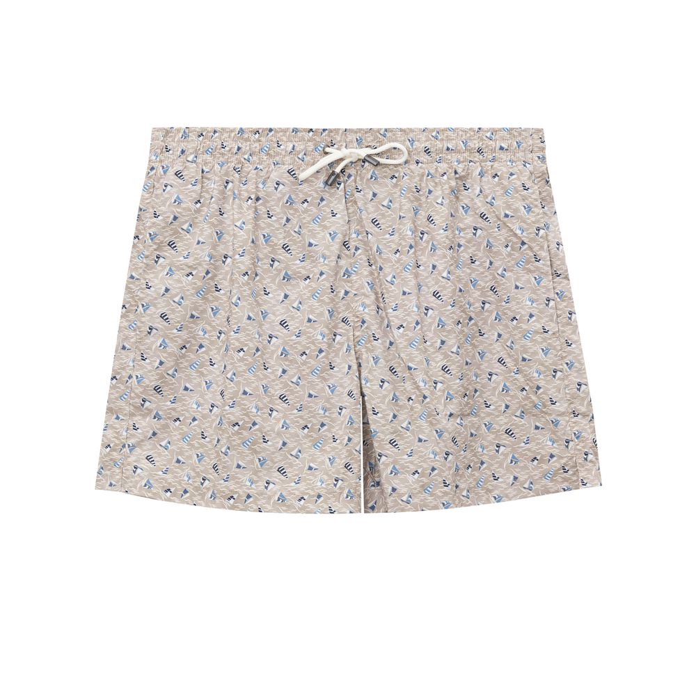 Swim Shorts by Canali for men in polyester beige, light-blue & print features an dramatic silhouette that defines the luxurious aesthetic and refined cut of the Men's Polyester Swim Shorts.
