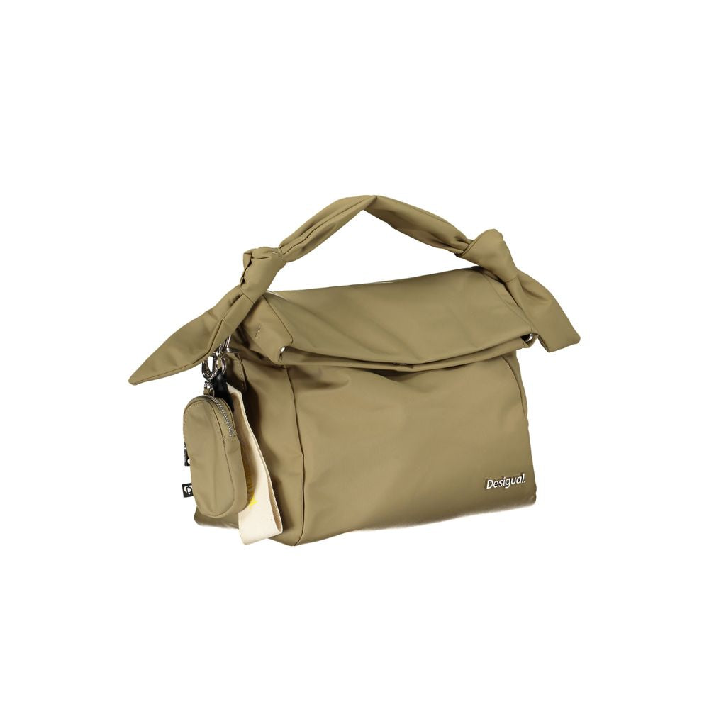 Handbag by Desigual for women in polyester green & signature features a ornamental silhouette, showcasing a secure magnetic, ample removable-pouch, external-pockets, internal-pockets & coin-purse, and ornamental shoulder-strap, handle & adjustable-strap for a sophisticated look.