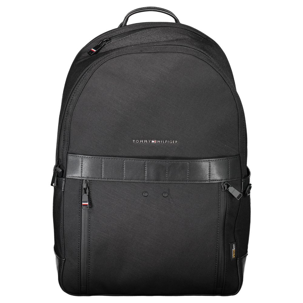 Backpack by Tommy Hilfiger for men in nylon polyester & polyethylene black features a refined silhouette, showcasing the Nylon Polyester & Polyethylene Backpack design with a secure snap & zipper, ample built-in-compartments, and versatile handle, backpack-strap & adjustable-strap.