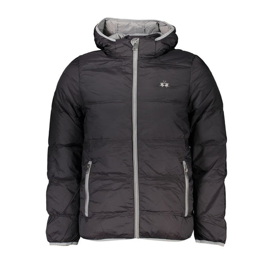 Hooded Windbreaker Jacket by La Martina for men in polyamide black & signature features an enduring silhouette, showcasing technical lightweight, pockets, hooded & windproof and a sophisticated hooded neckline for a truly enduring aesthetic.