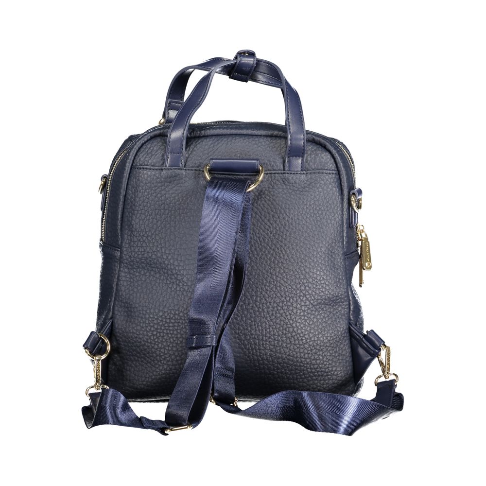 Backpack by Mario Valentino for women in faux pebbled leather blue & gold showcases a stately Faux Pebbled Leather Backpack design, featuring a secure zipper with stately and versatile backpack-strap & handle.