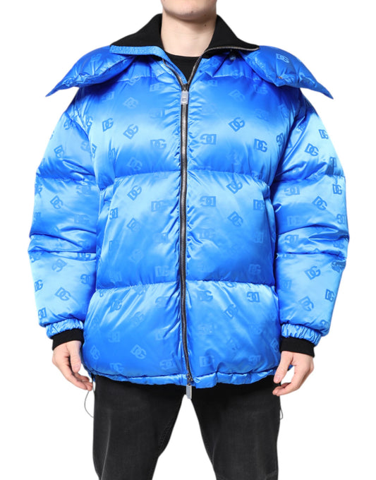 Hooded Jacket by Dolce & Gabbana for men in nylon & polyester blue features an utilitarian silhouette with a refined hooded neckline, showcasing sophisticated hooded & insulated for an utilitarian aesthetic.