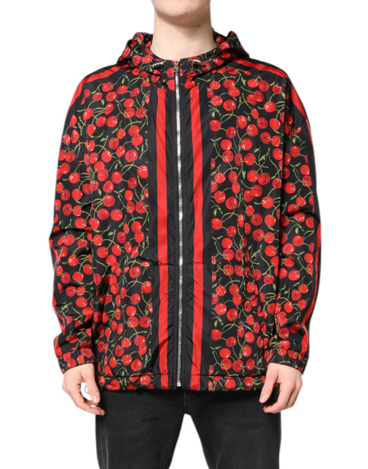 Hooded Windbreaker Jacket by Dolce & Gabbana for men in nylon cotton polyester black, cherry, red & print presents a resilient silhouette, artfully detailed with a sophisticated hooded neckline and functional hooded & windproof for a resilient finish.