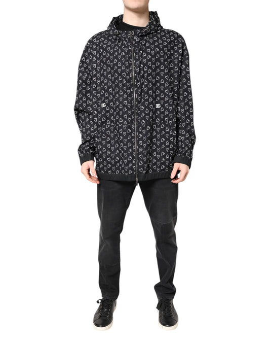 Hooded Windbreaker Jacket by Dolce & Gabbana for men in cotton black & print presents a resilient silhouette, artfully detailed with a sophisticated hooded neckline and functional hooded & windproof for a resilient finish.
