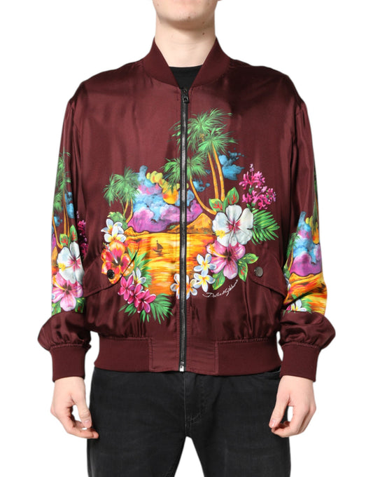 Dolce & Gabbana Men's Silk Bomber Jacket - Maroon Floral Print