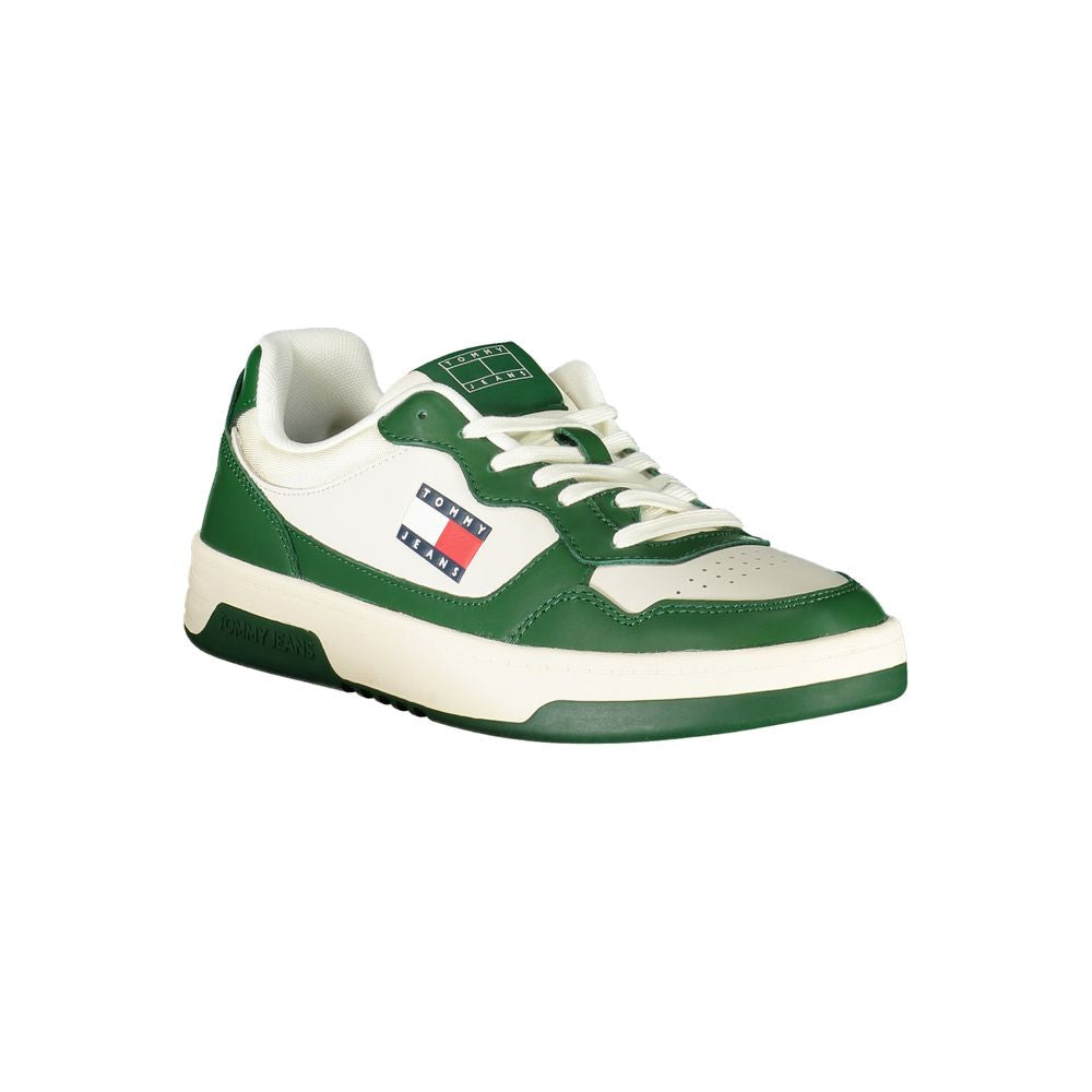 Sneakers by Tommy Hilfiger for men in polyester polyethylene leather green & white features an opulent silhouette from the Crisp Men's Fashion Polyester Polyethylene Leather Sneakers collection, showcasing a signature fashion style with an opulent finish.