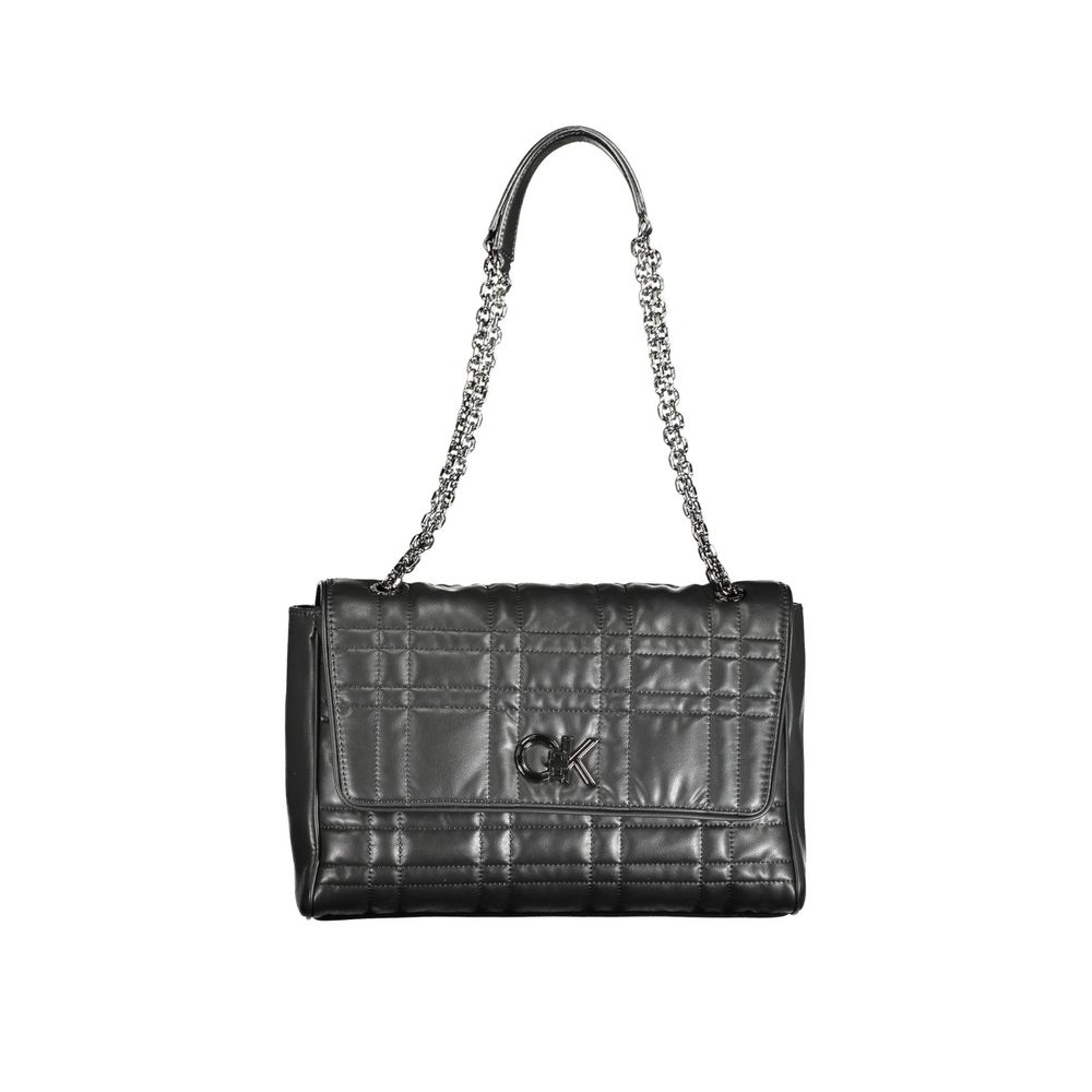 Shoulder Handbag by Calvin Klein for women in polyester polyethylene faux leather black features a signature silhouette, showcasing a secure and signature built-in-compartments, external-pockets & internal-pockets with versatile shoulder-strap & handle for a sophisticated look.