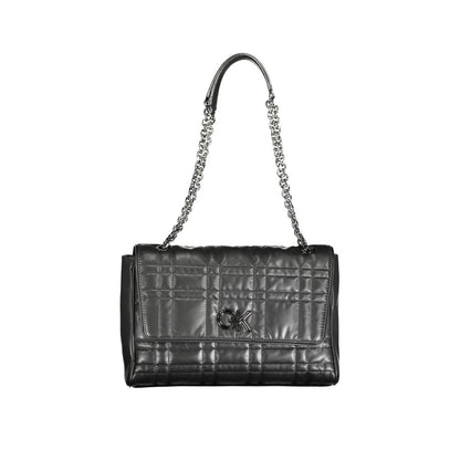 Shoulder Handbag by Calvin Klein for women in polyester polyethylene faux leather black features a signature silhouette, showcasing a secure and signature built-in-compartments, external-pockets & internal-pockets with versatile shoulder-strap & handle for a sophisticated look.