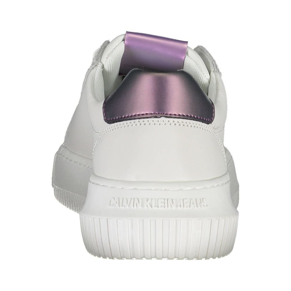 Sneakers by Calvin Klein for women in faux leather & canvas white presents a sumptuous silhouette as Women's Fashion Faux Leather & Canvas Sneakers, expertly defined by a sumptuous fashion style for a sumptuous, high-fashion look.