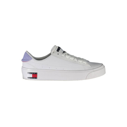 Athletic Sneakers by Tommy Hilfiger for women in polyester polyethylene leather white features an stately silhouette, showcasing the signature athletic style of the Women's Athletic Polyester Polyethylene Leather Sneakers collection with a truly stately finish.