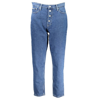 Jeans by Calvin Klein for women in denim cotton blue & signature features an refined tailoring silhouette, showcasing a premium relaxed-fit & mom with a high rise and long cut for a refined tailoring look.
