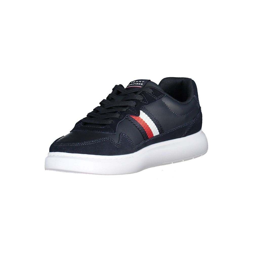 Sneakers by Tommy Hilfiger for men in polyester polyethylene leather blue presents a sumptuous silhouette, artfully capturing the essence of the Men's Athletic Polyester Polyethylene Leather Sneakers with its sumptuous athletic style design.