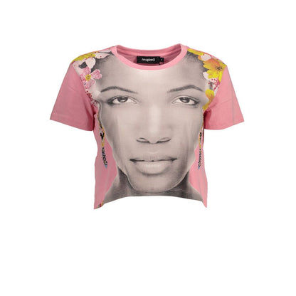 T-Shirt by Desigual for women in cotton pink showcases a fashionable silhouette, elegantly detailed with a fashionable short-sleeve and round neckline for a sophisticated, high-fashion look.