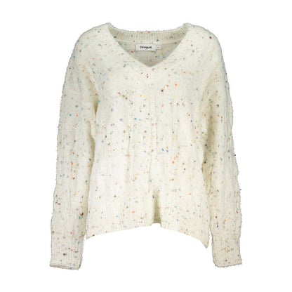 Sweater by Desigual for women in polyester & polyamide white showcases an masterful silhouette, artfully detailed with a masterful v-neck neckline and for a sophisticated, premium finish.