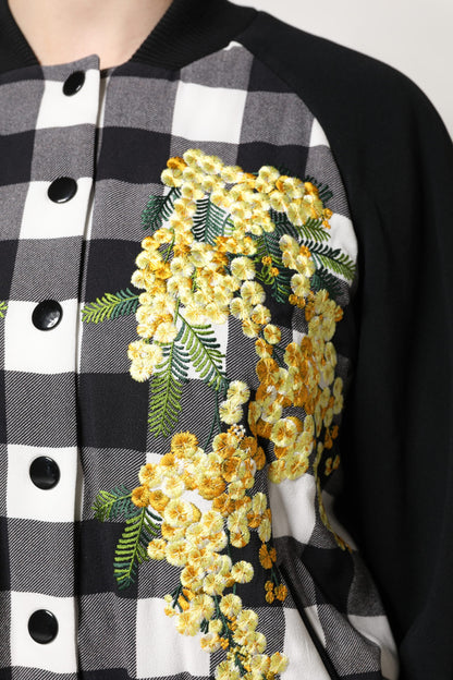 Dolce & Gabbana Black White Check Floral Button Down Jacket
