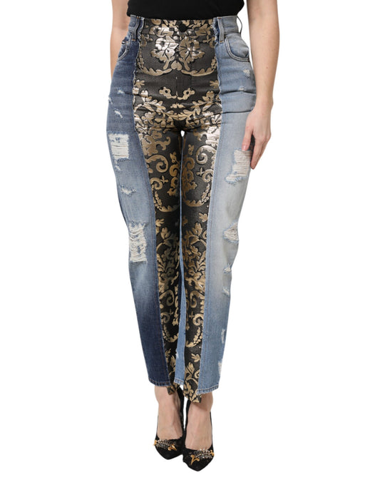 Dolce & Gabbana Women's Regular Fit High Rise Cotton Denim Nylon Polyester & Silk Jeans - Multicolor Floral Jacquard Patchwork