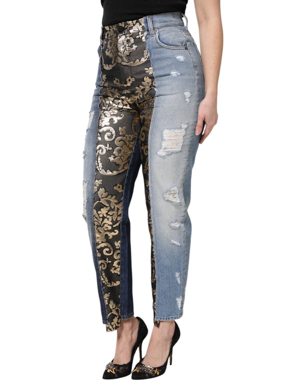 Dolce & Gabbana Women's Regular Fit High Rise Cotton Denim Nylon Polyester & Silk Jeans - Multicolor Floral Jacquard Patchwork