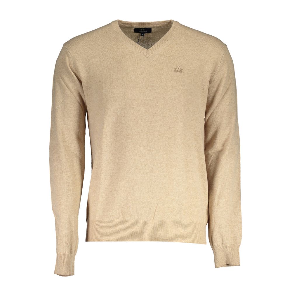 Sweater by La Martina for men in cashmere blend beige features an tactile silhouette, showcasing a sophisticated v-neck neckline and tactile for a refined finish.