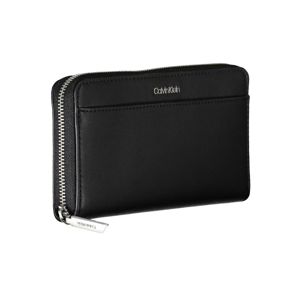 Cardholder Wallet by Calvin Klein for women in polyethylene faux leather black showcases a discerning silhouette, artfully capturing the essence of Polyethylene Faux Leather Cardholder Wallet with its functional card-organization rfid-protection zip-around coin-purse.