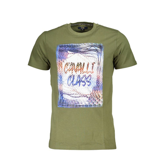 T-Shirt by Cavalli Class for men in cotton green & print showcases a chic silhouette, artfully detailed with a chic crew neckline and short-sleeve for a chic finish.