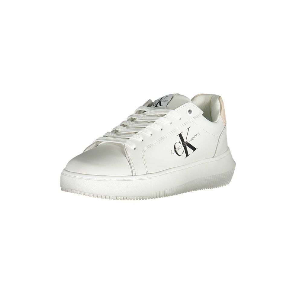 Athletic Sneakers by Calvin Klein for women in polyester polyethylene leather white features an stately silhouette, showcasing the signature athletic style of the Women's Athletic Polyester Polyethylene Leather Sneakers collection with a truly stately finish.