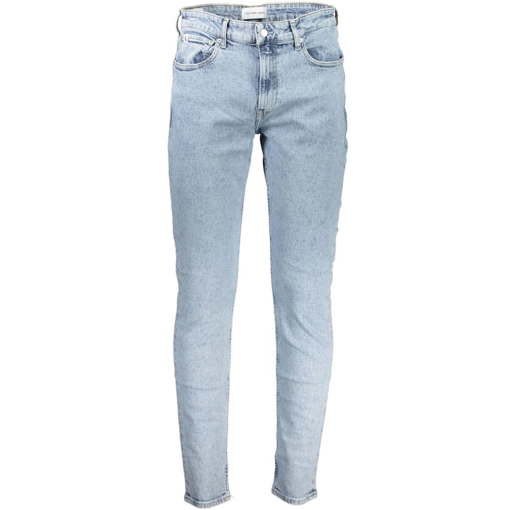 Pants by Calvin Klein for men in stretch denim cotton light-blue features a stylish silhouette with a stylish slim, long, and .