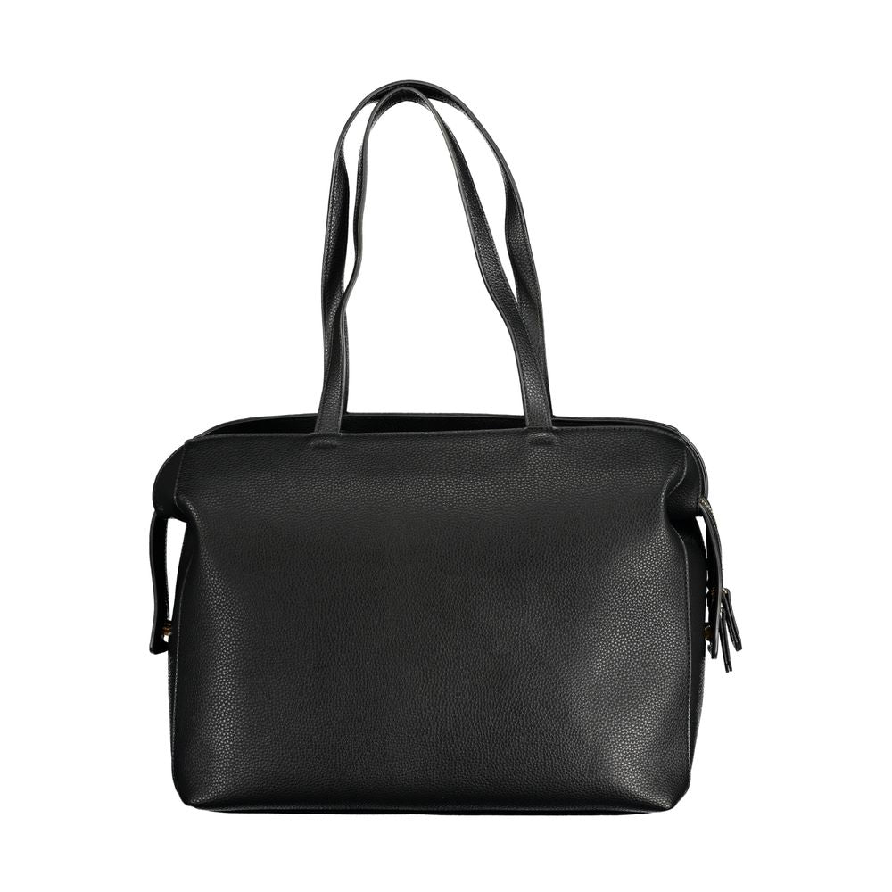 Shoulder Tote Convertible Handbag by Mario Valentino for women in faux leather black features a polished silhouette with a secure zipper, ample internal-pockets, and polished shoulder-strap & handle for a sophisticated look.