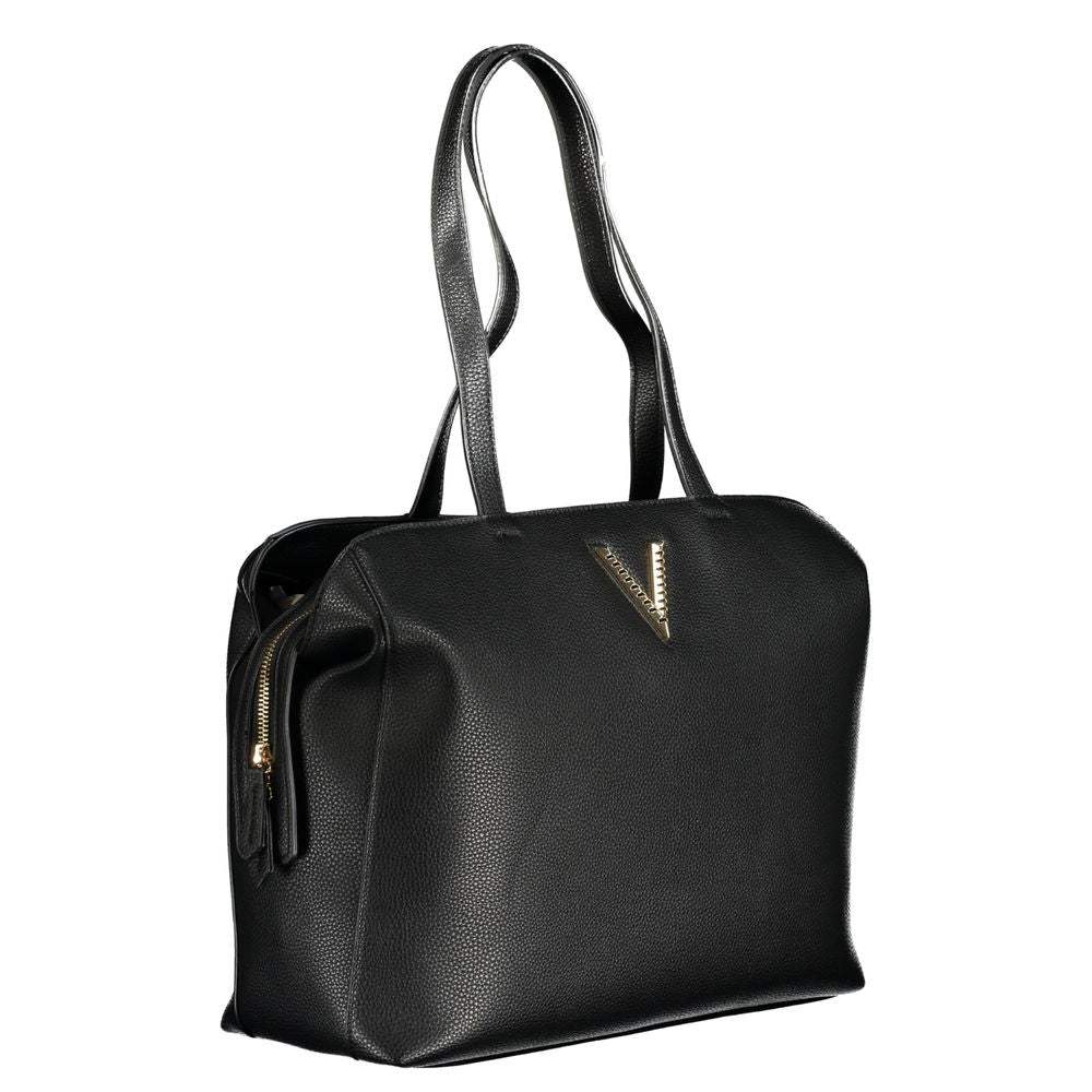 Shoulder Tote Convertible Handbag by Mario Valentino for women in faux leather black features a polished silhouette with a secure zipper, ample internal-pockets, and polished shoulder-strap & handle for a sophisticated look.